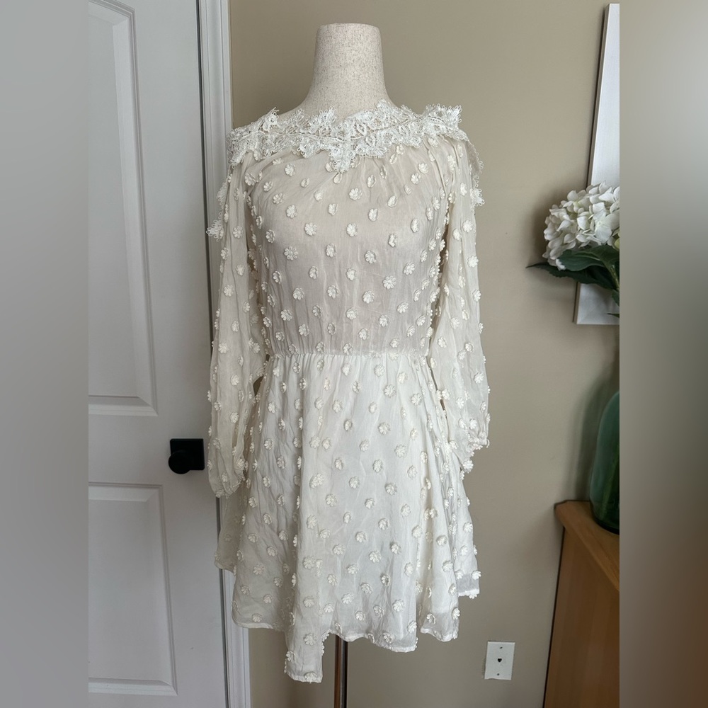 Karina Grimaldi White Floral Lace Detailed Sheer Long Sleeve Mini Dress XS - Picture 2 of 8